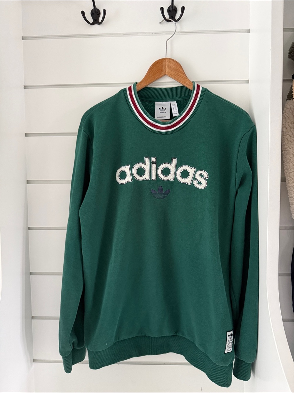 adidas Green Crewneck Sweatshirt with Striped Rib Collar